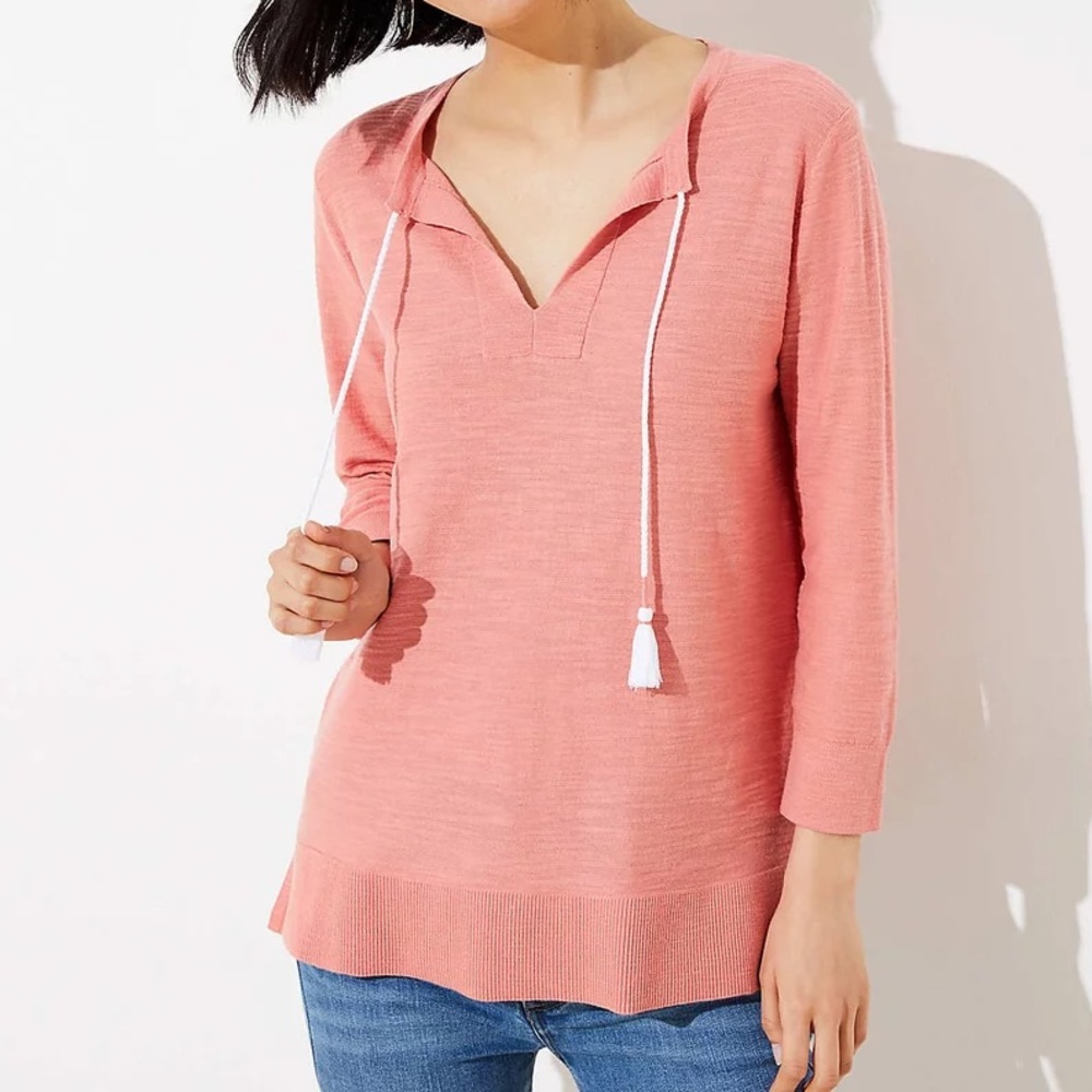 LOFT Split Neck Fringe Tassel Lightweight Tunic Top Coral Pink Casual Cozy Chic - Picture 9 of 9